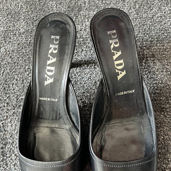Prada Mules Black Leather Slip On Kitten Heels Slides Shoes Size 37 Made Italy - Picture 5 of 16